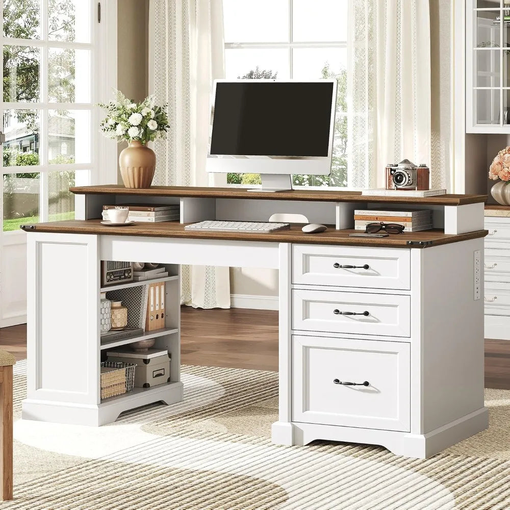 55 Inch Farmhouse Executive Desk with Drawers and Monitor Stand