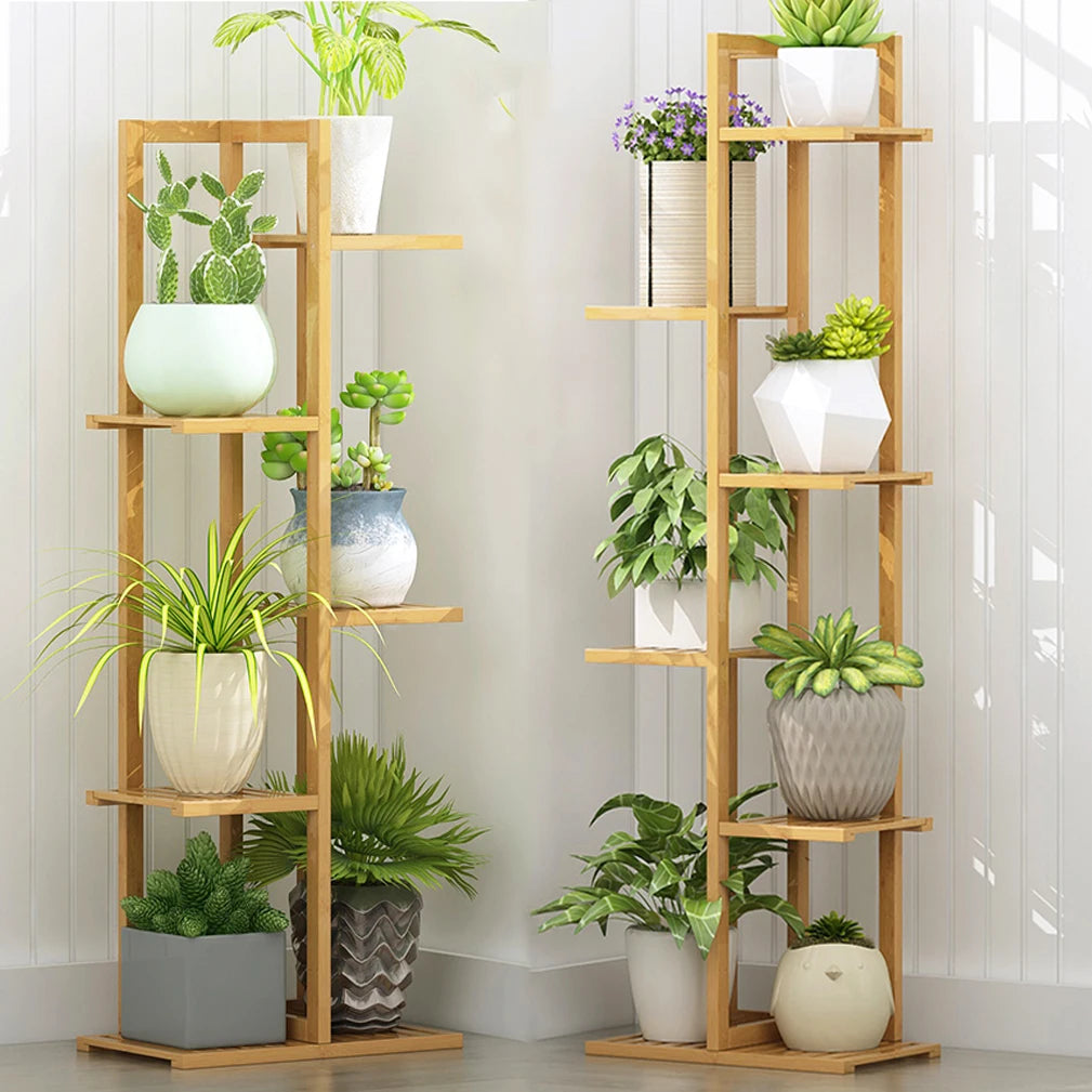 6 Tier Bamboo Plant Stand Vertical Flower Shelf Rack Indoor Outdoor