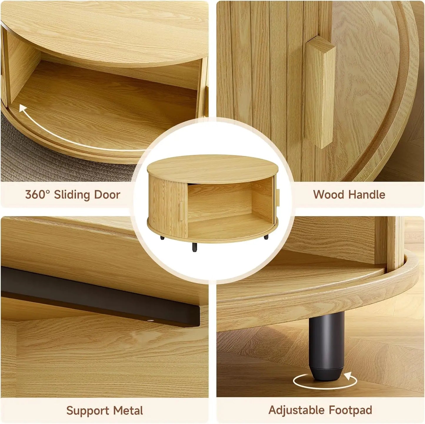 Round Coffee Table with Storage Modern 31.5 Inch Curved Sliding Door