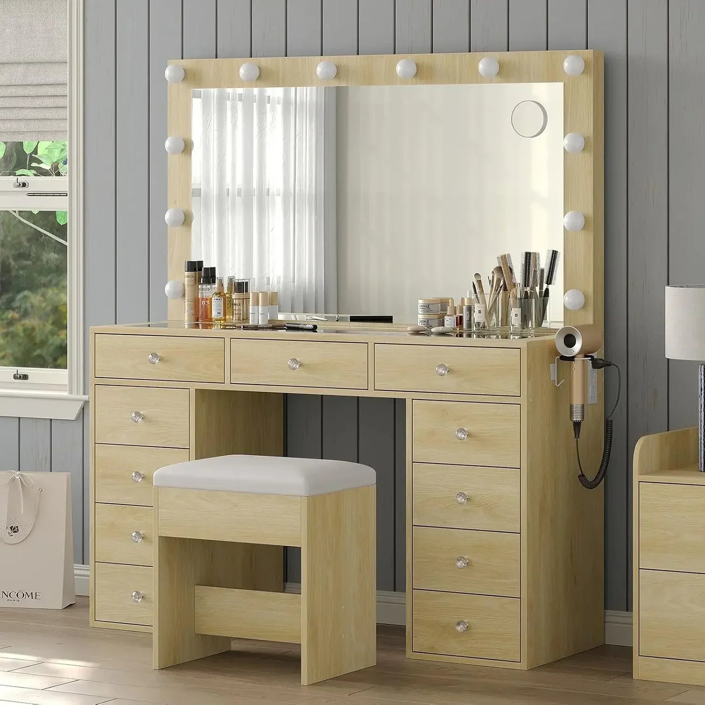 Ljustra Vanity Desk with LED Lights Makeup Table 11 Drawers Mirror Power Outlet