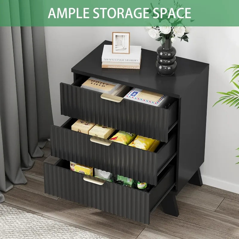 Fluted Nightstand 24 Inch Wide Side Table 3 Drawer Mid Century Modern Black