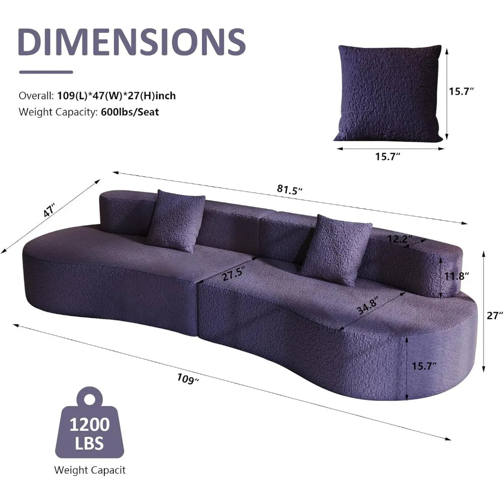 109" Curved Chenille Sectional Sofa – 4-Seater Couch with Pillows, Purple