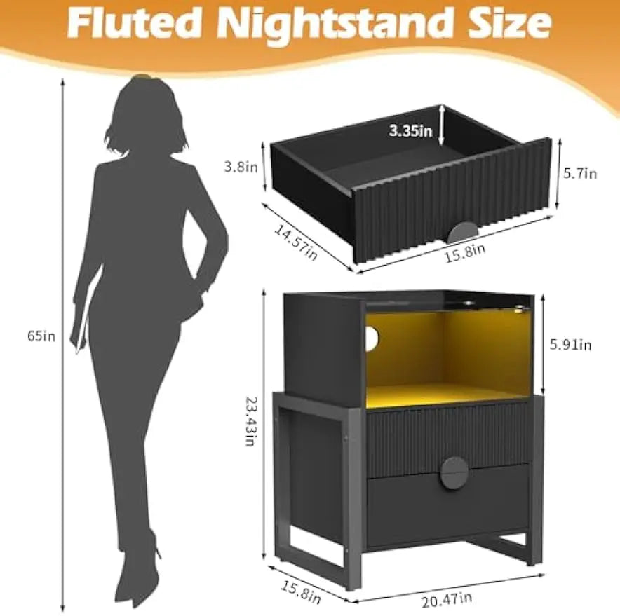 Fluted Nightstand with LED Lights Charging Station 2 Drawer Modern Table