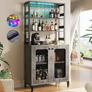 Bar Cabinet with Power Outlets LED Lights Wine Storage 67" Tall