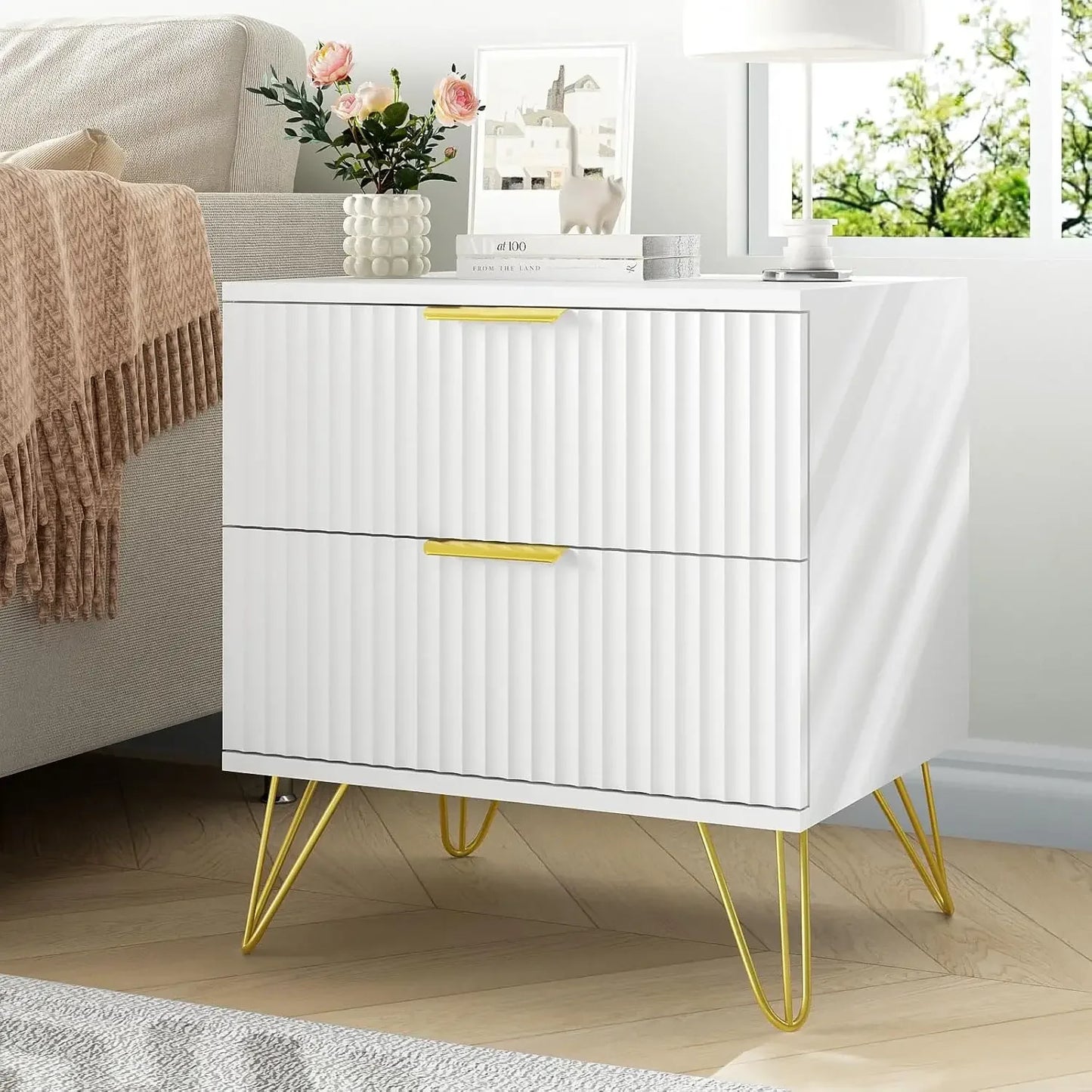 Nightstand Set of 2 Fluted Night Stand with 2 Drawers Wood Storage