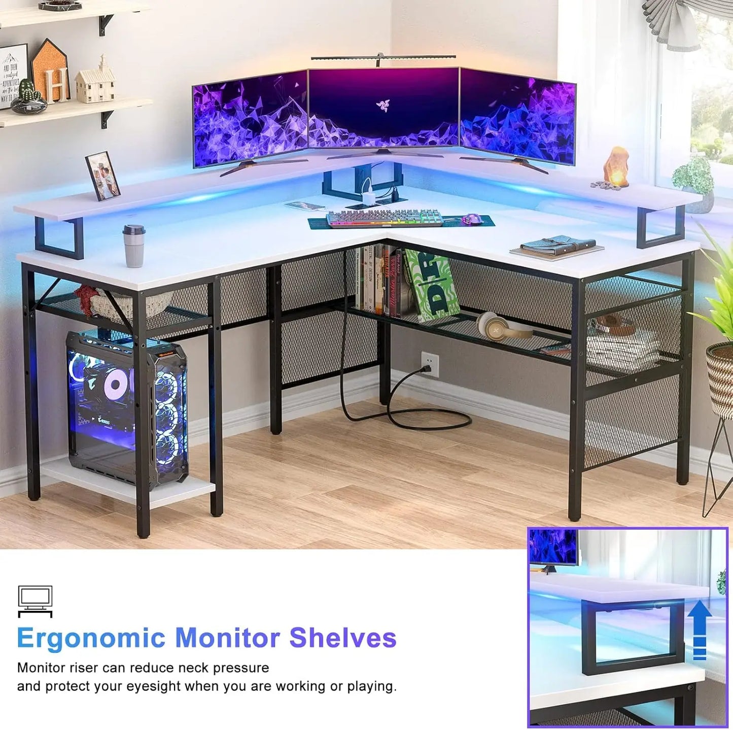L Shaped Computer Desk with LED Strip Power Outlets Storage Shelf Gaming