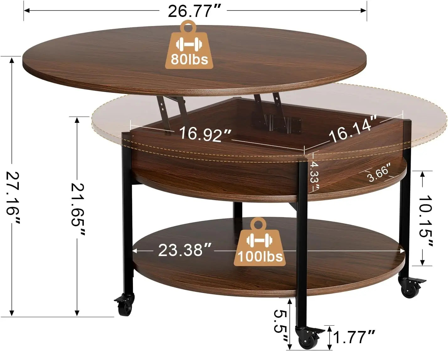 Round Lift Top Coffee Table with Wheels Storage Compartment Living Room