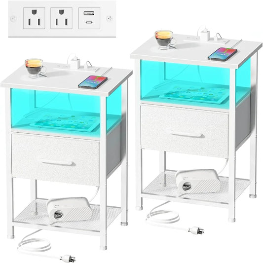 Nightstands Set of 2 with Charging Station LED Light Strip Modern Style