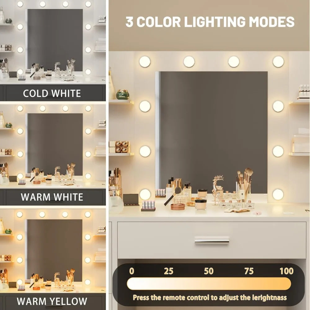 Vanity Desk with Mirror LED Lights Power Outlet 7 Drawers Storage