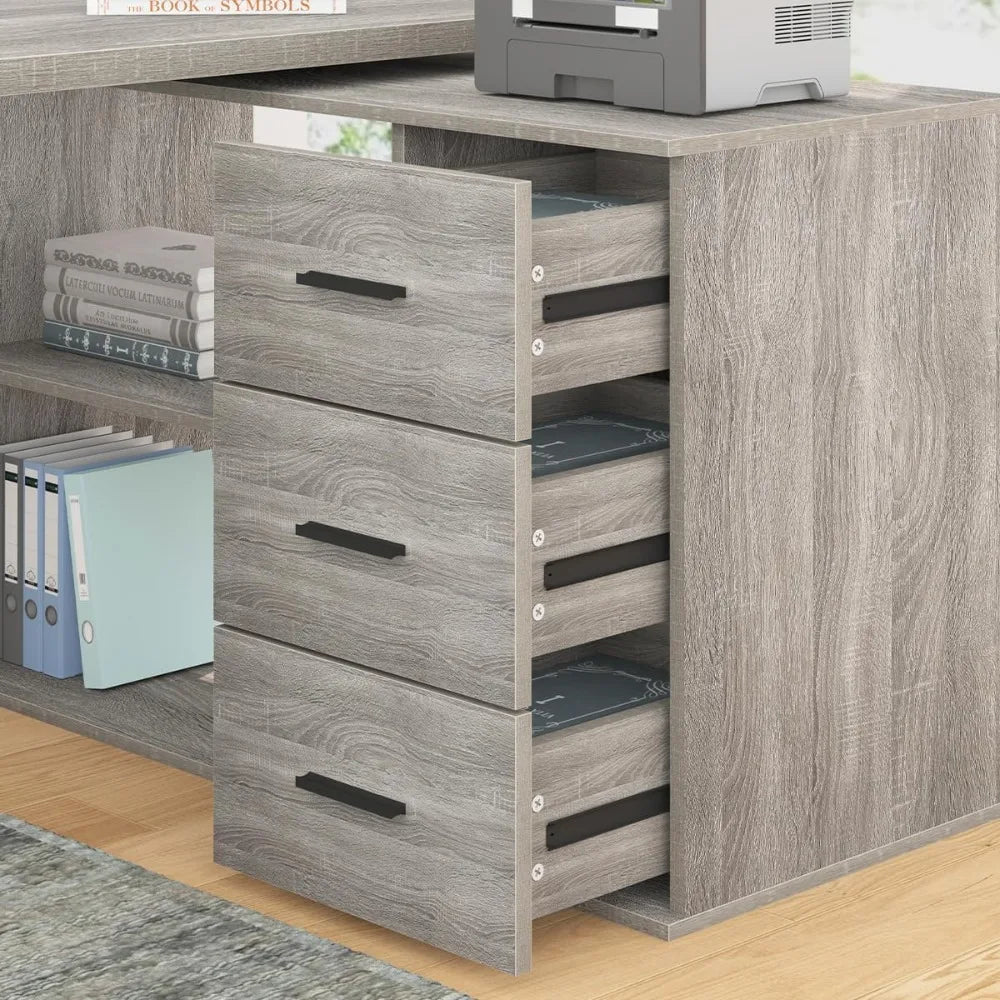 360 Degree Rotating L Shaped Computer Desk with Drawers and Shelves