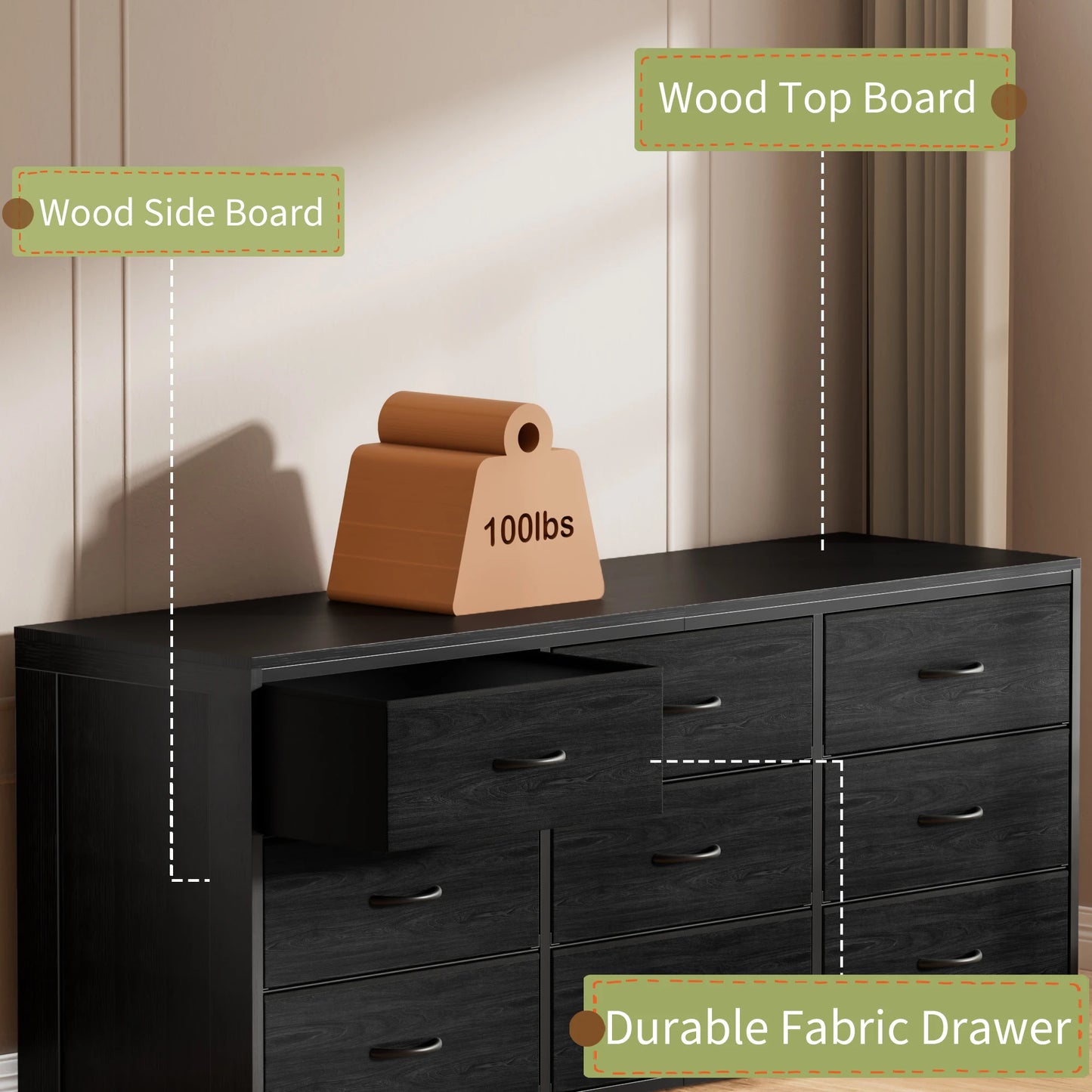 Ljustra 9 Drawer Wide Chest of Drawers Fabric Storage Dresser