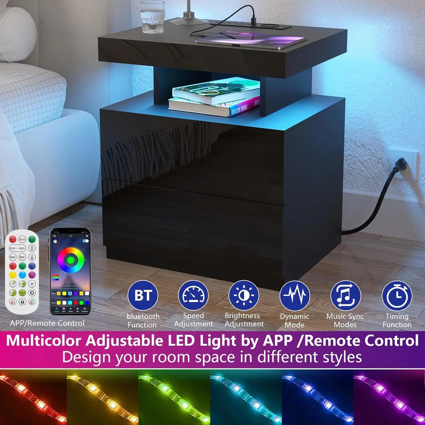 Nightstand with Wireless Charging USB Ports Modern Bedside Table Storage