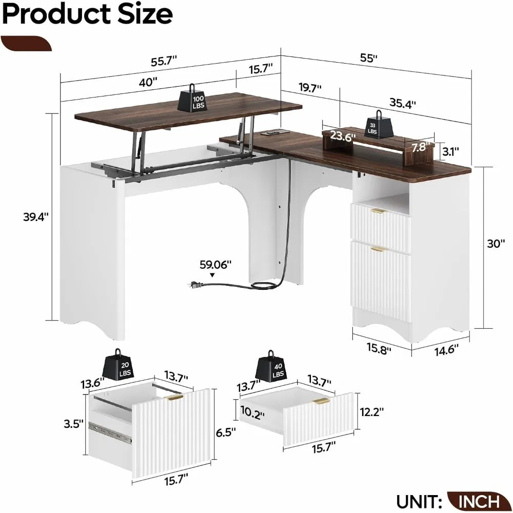 L Shaped Desk with Lift Top Modern Office Desk Fluted Panel Drawers