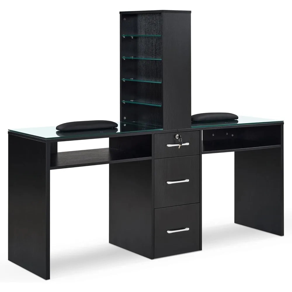 Double Manicure Table Modern Nail Desk Beauty Salon Storage Workstation