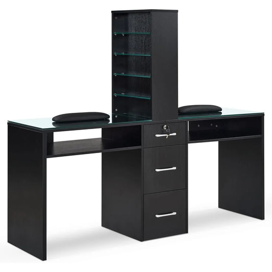 Double Manicure Table Modern Nail Desk Beauty Salon Storage Workstation