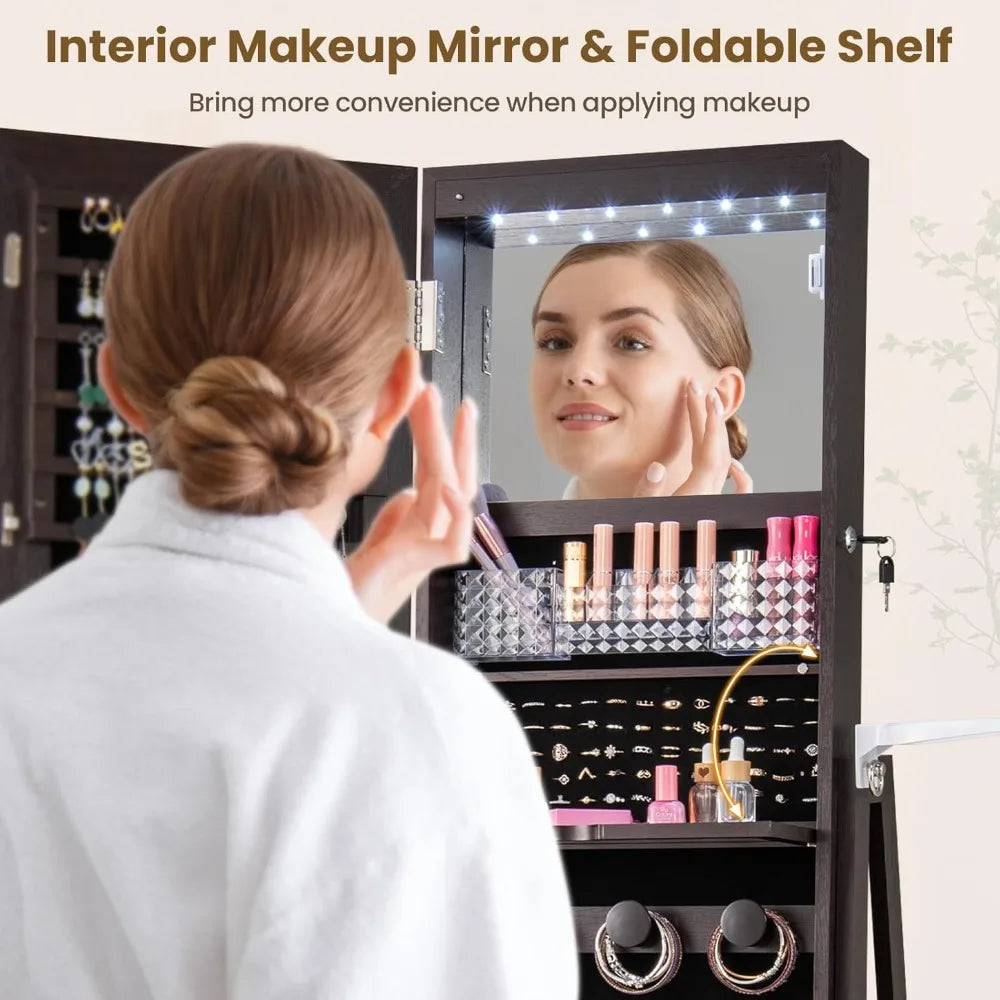 360 Swivel Jewelry Cabinet Armoire Full Length Mirror Organizer LED