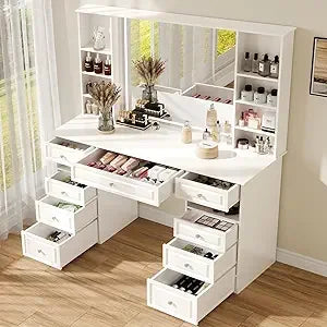 Black Vanity Desk with Lighted Mirror and 9 Storage Drawers for Makeup