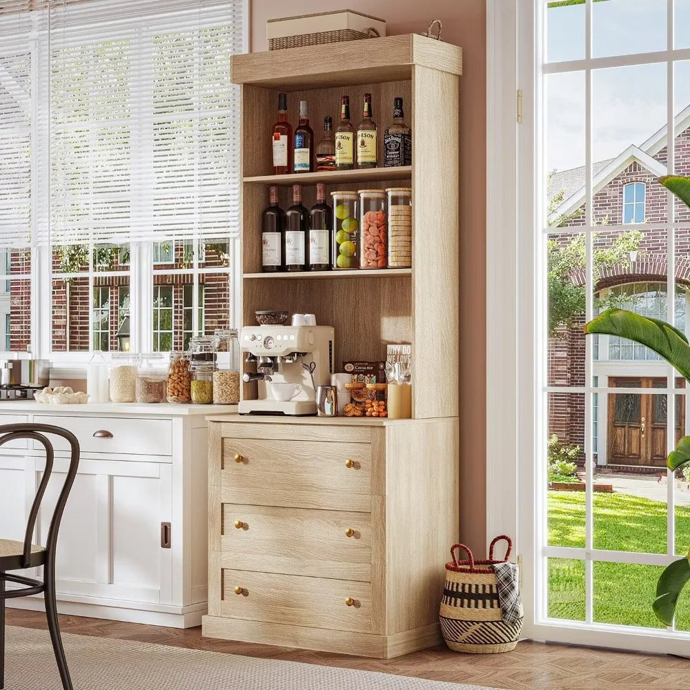 71 Inch Farmhouse Kitchen Pantry Cabinet Storage Coffee Bar Microwave Stand