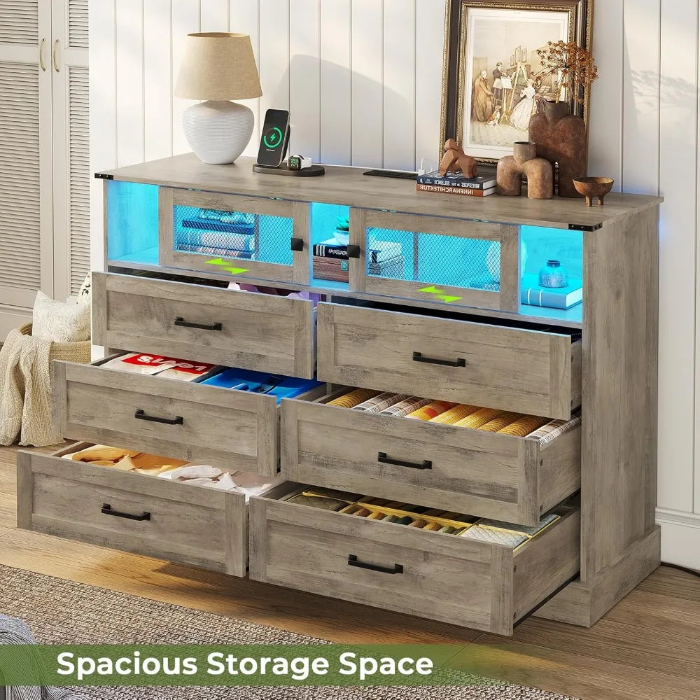 6 Drawer Dresser with LED Lights Charging Station Farmhouse Organizer