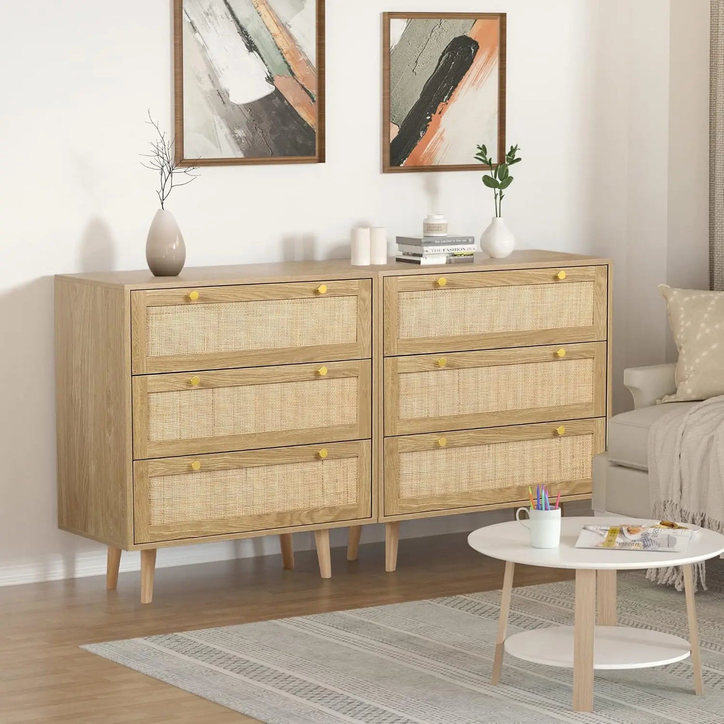 3 Drawer Dresser Rattan Chest of Drawers Modern Storage for Bedroom