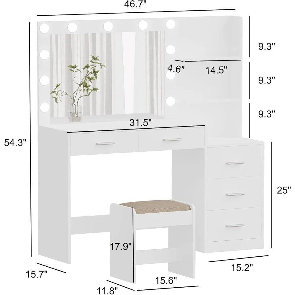 46.7 Inch Makeup Vanity Set with LED Lights and Mirror and 5 Drawers