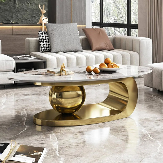 Modern Oval Coffee Table Faux Marble Sintered Stone Gold Base 51.2"