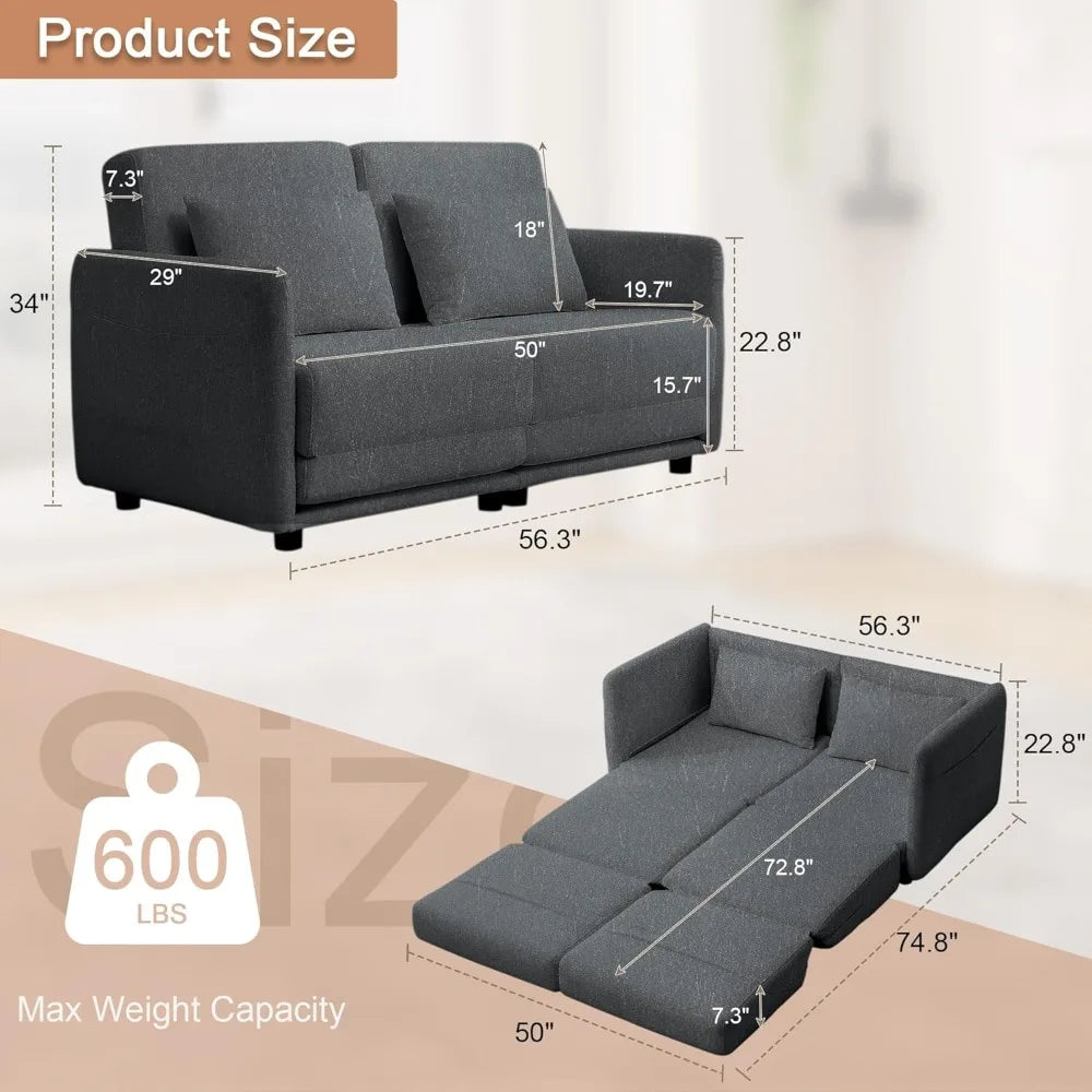Ljustra 56.3" Futon Sofa Bed Convertible Loveseat Couch with Pockets