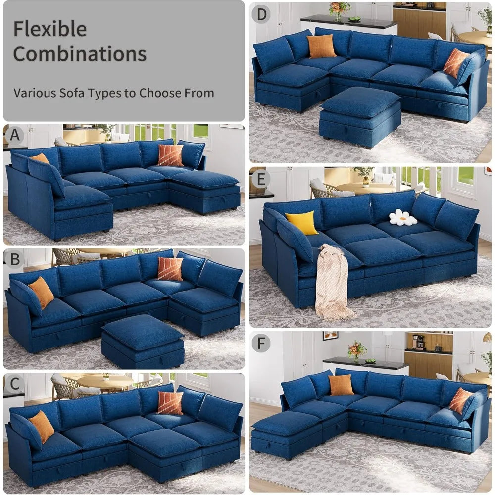 115” U-Shaped Modular Sofa Blue Sectional w/ Storage 6-Person Seating