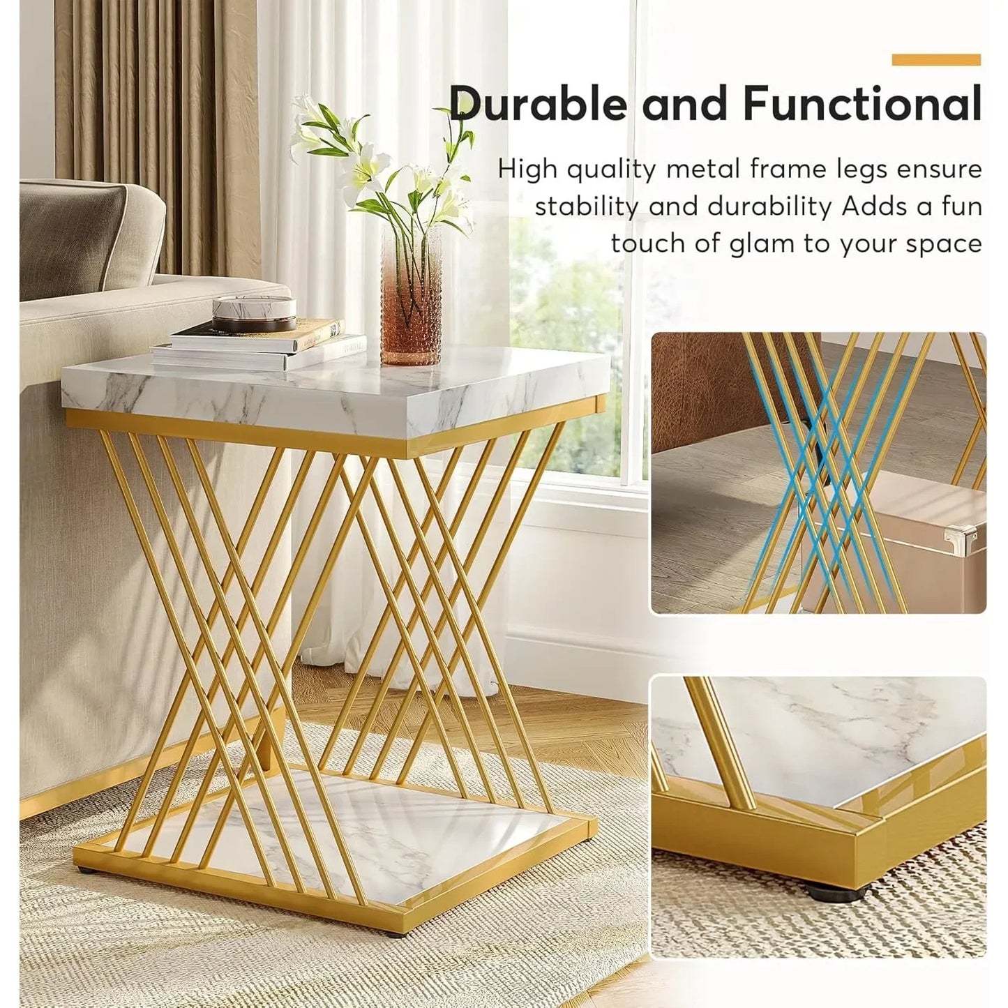 Square End Table Modern 2-Tier Side Table Bedside Table Storage