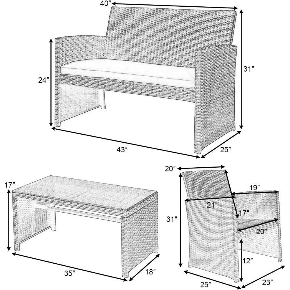 4-Piece Rattan Patio Furniture Set Outdoor Wicker Sofa Coffee Table