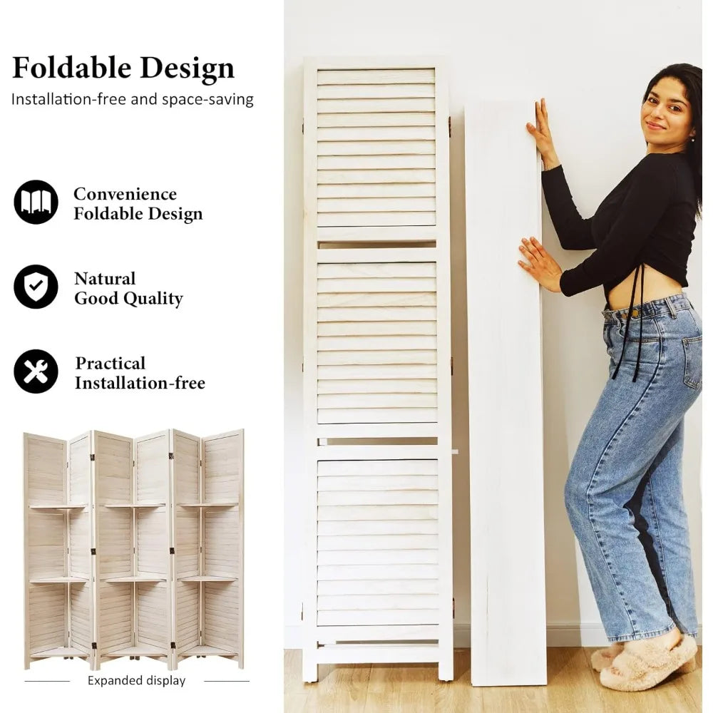 Folding Wood Room Divider with Shelves for Home Office and Study