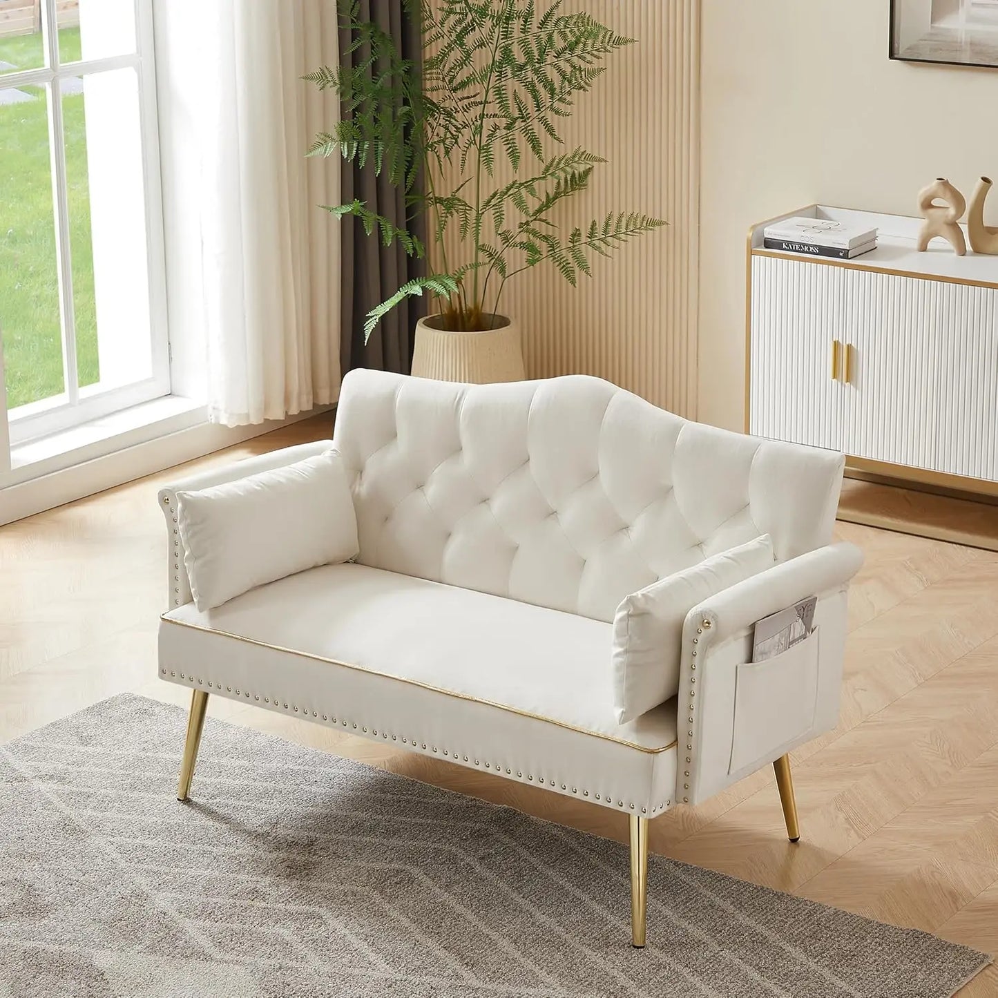 55 Inch Modern Velvet Loveseat Sofa with Gold Legs and Side Pockets