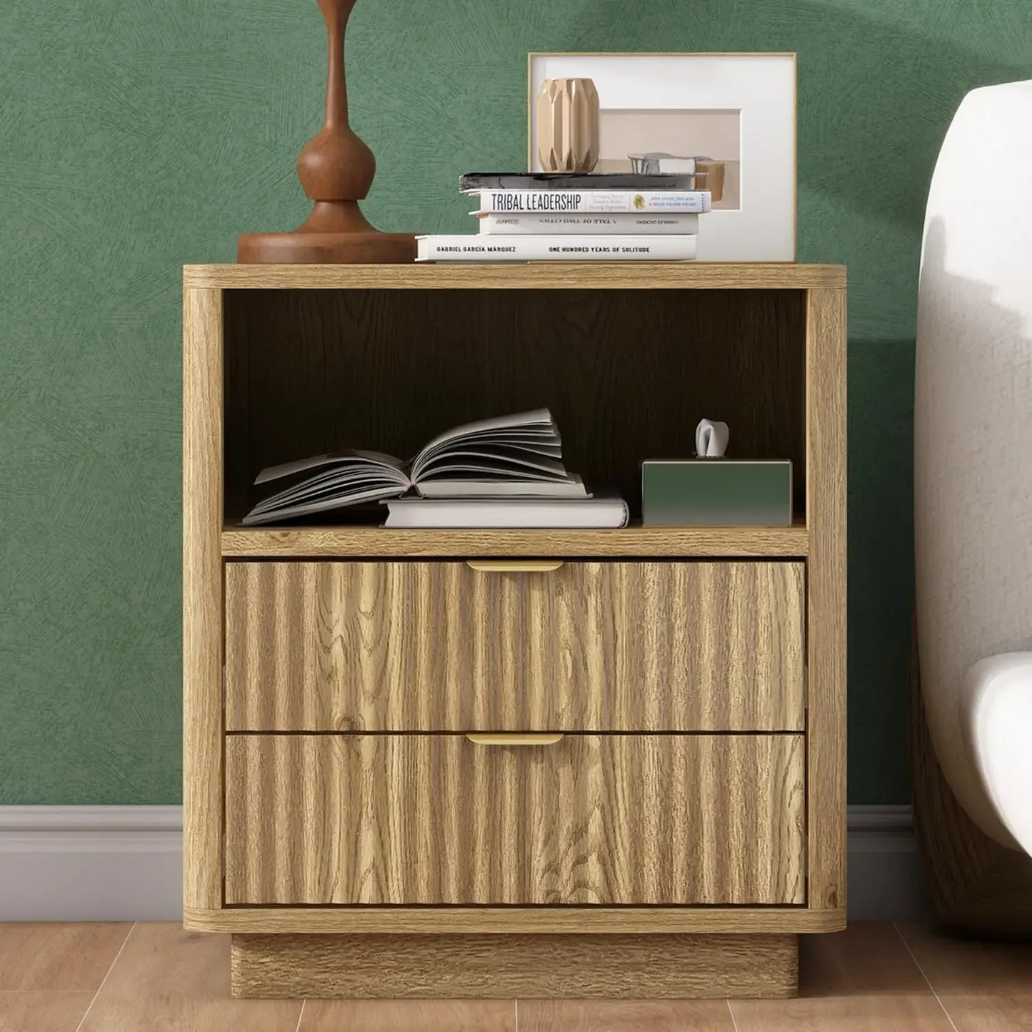 Fluted Nightstands Set of 2 Modern Wooden Bedside Tables Storage Drawers