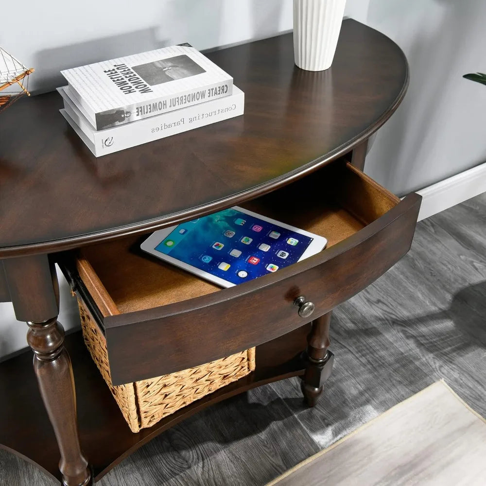 Demi Lune Console Table Solid Wood Entryway Table with Storage Drawer