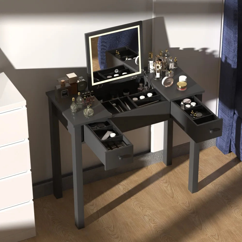 Elegant Black Vanity Table with LED Mirror and Jewelry Storage