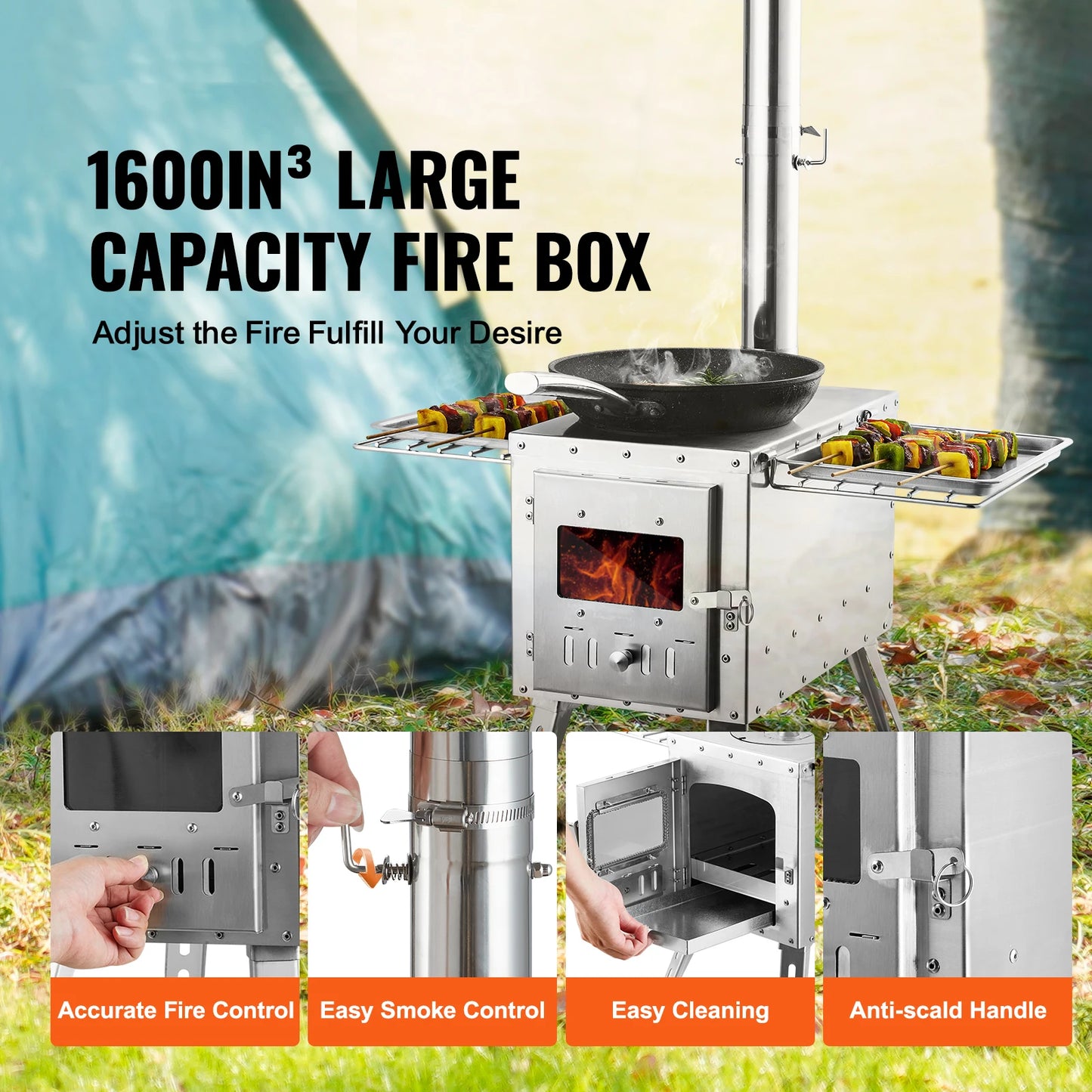 Ljustra Portable Camping Wood Stove Stainless Steel 86in Chimney