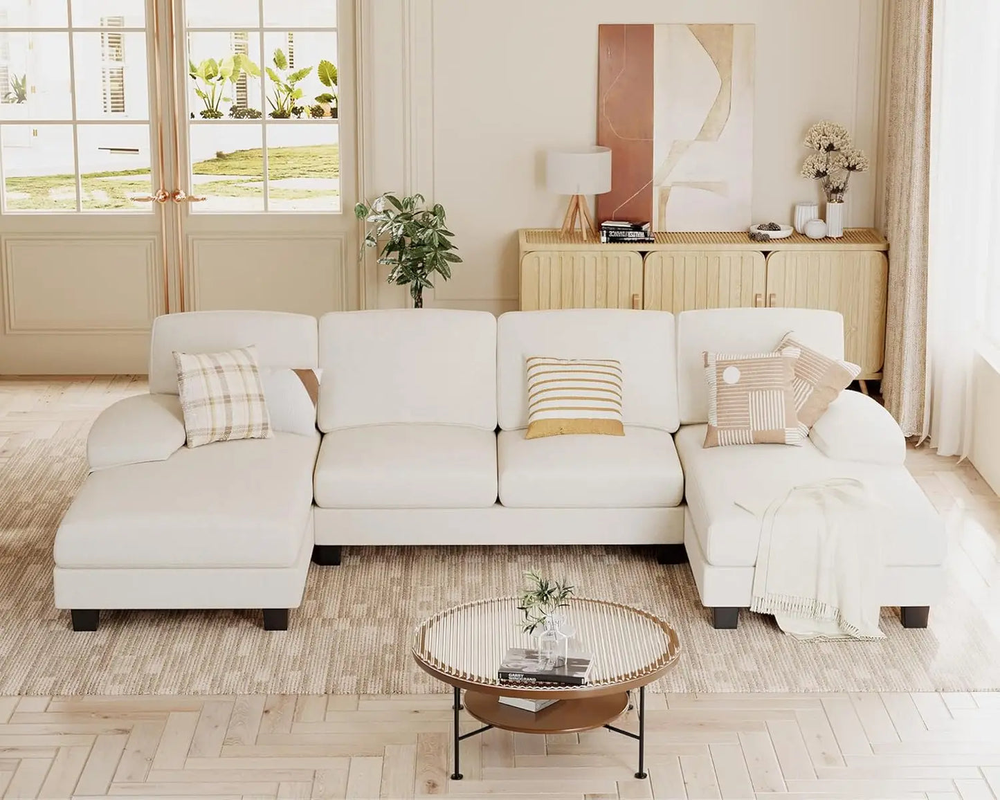 Ljustra U Shaped Sectional Couch Chenille Fabric Modern Sofa 4 Seats