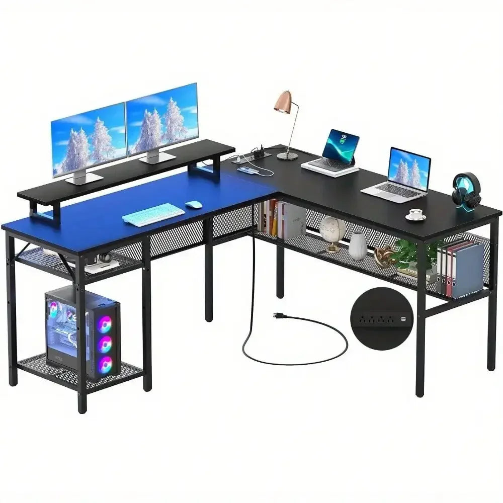 L-Shaped Computer Desk with Lighting and Grid Bookshelves for Home Office