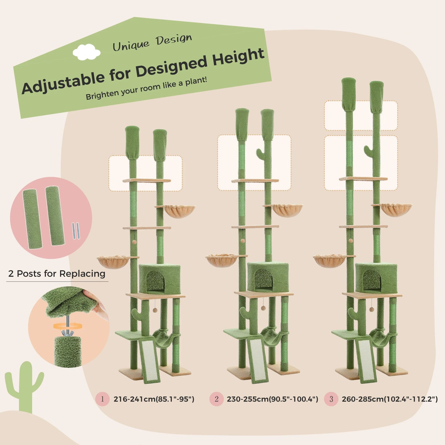 Cactus Cat Tree Floor to Ceiling Cat Tower 7 Tiers with Hammocks and Scratching Posts