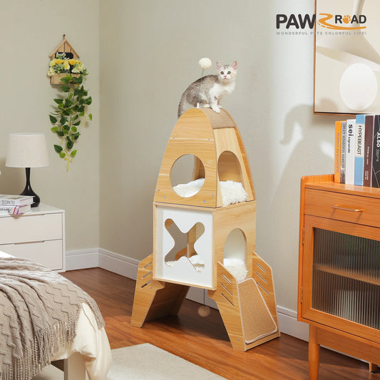 Modern Cat Tree Rocket Shape Wooden Indoor Cat Tower with Playhouse