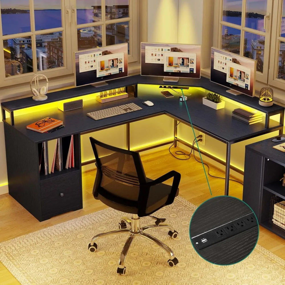 L Shaped Desk with Power Outlets LED Lights File Drawer Home Office
