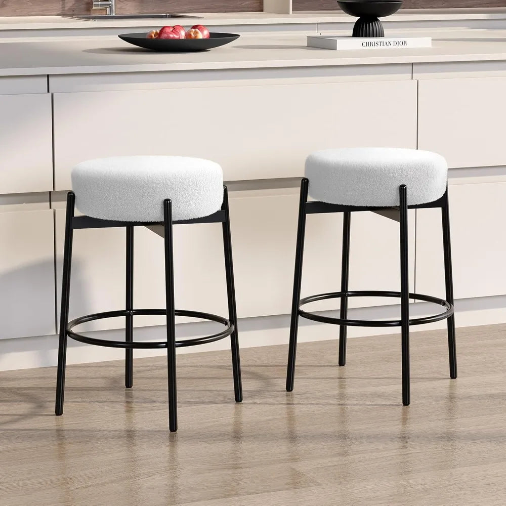 Swivel Round Barstools 24" Teddy Wool Upholstered Set of 2