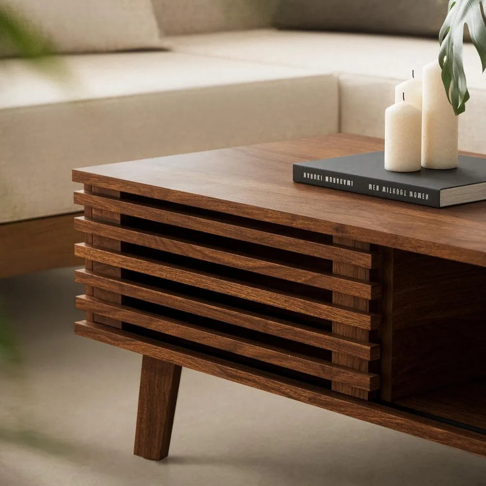 Mid Century Coffee Table with Storage Sliding Door Modern Living Room