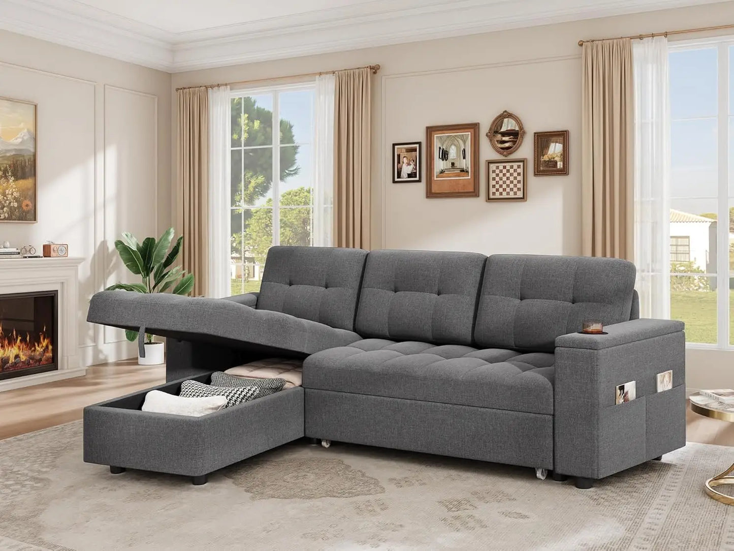 Modern L-Shaped Sleeper Sofa Bed w/ Pull Out, USB Ports, Storage Chaise, Reversible Couch