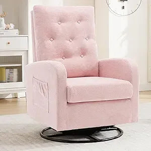 Swivel Rocking Chair Nursery Glider Upholstered Linen Armchair Indoor