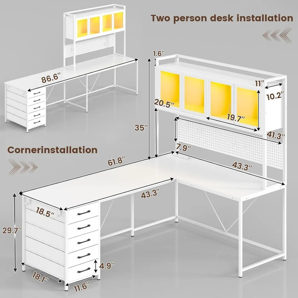 L Shaped Computer Desk with Hutch Storage Shelves LED Lights Power Outlet