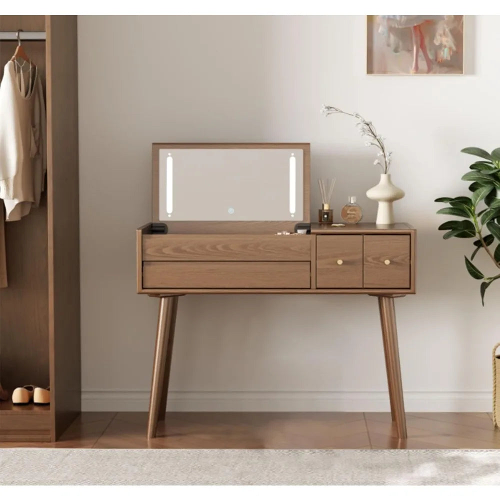 Makeup Vanity Desk with Mirror 3 Lighting Modes Solid Wood 4 Drawers