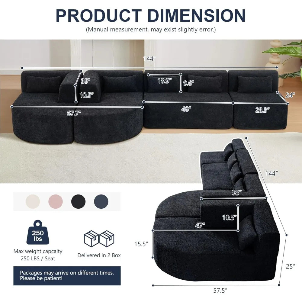 144 Inch Modular Cloud Sectional Sofa Deep Seat with Chaise Lounge and Pillows