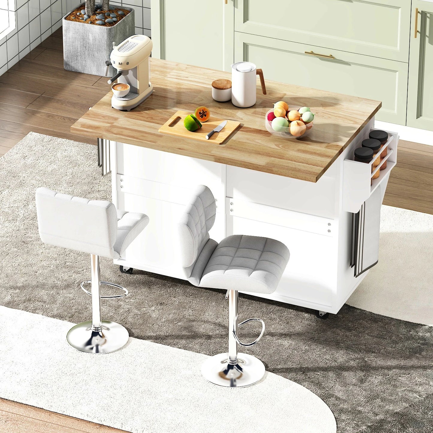 Kitchen Island with Storage Rolling Cart Drop Leaf Towel Rack