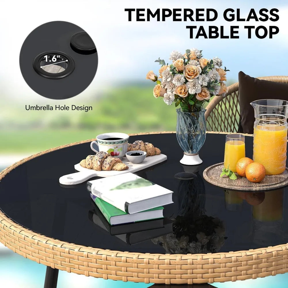 5 Piece Outdoor Dining Set with Rattan Chairs and Glass Top Table